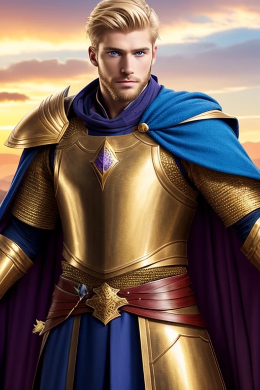 Photo-realistic.  A tall, handsome, fit, 24-year-old Caucasian medieval warrior man, with short, fade-cut, golden-blond hair, stubble, and blue eyes, wearing glistening purple armor, with gold inlay, and a red cape, standing in a stone arena, under a deep blue sky.