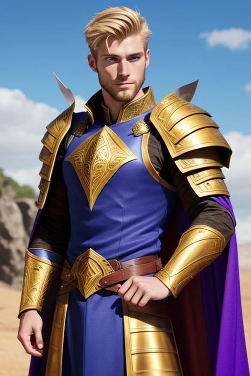 Photo-realistic.  A tall, handsome, fit, 24-year-old Caucasian medieval warrior man, with short, fade-cut, golden-blond hair, stubble, and blue eyes, wearing glistening purple armor, with gold inlay, and a red cape, standing in a stone arena, under a deep blue sky.