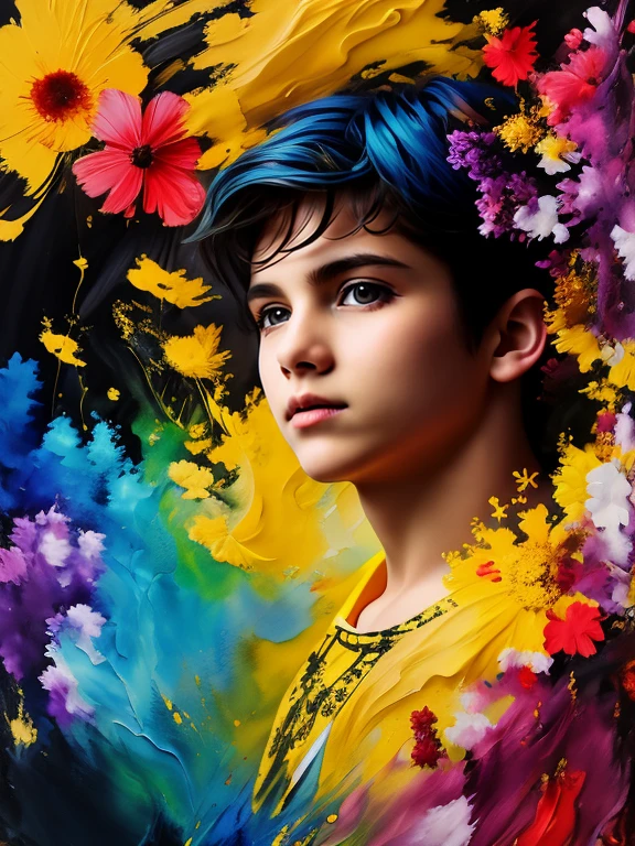  Portrait of a stunningly beautiful teenage boy with flowers ! A stream of black ink , gold , blue , yellow , red ,  purple  , green paint , the whole range of colors of paints , Photorealistic masterpiece in 8k resolution ,  resolution complex detailed painting with liquid gouache  , calligraphy , Acrylic,  watercolor painting ,  professional photography, daylight,  surround lighting , maximalist photo illustration  , concept art in 8K resolution, Meticulously designed, difficult,  elegant, expansive, fantasy. A whirlwind of colors creates a masterpiece ! Portrait of a teenage boy . !