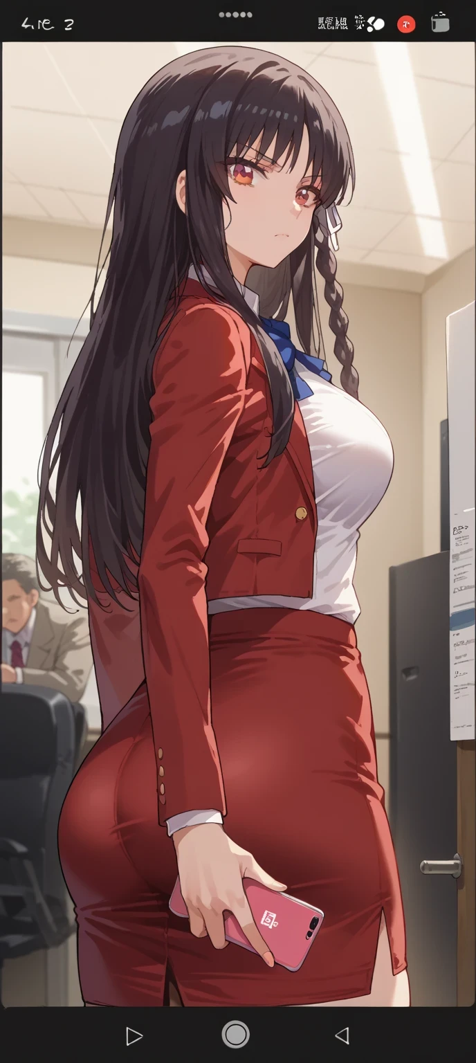 score_9, score_8_up, score_7_up, source_anime,
suzunehorikita, suzune horikita, long hair, black hair, red eyes, hair ribbon, braid, large breast, skirt, long_hair, 1girl, phone, black_hair, pencil_skirt, solo_focus, red_skirt, cellphone, holding, breasts, jacket, smartphone, shirt, bangs, holding_phone, ass, office_lady, indoors, white_shirt, formal, skirt_suit, closed_mouth, red_jacket, suit, large_breasts, long_sleeves