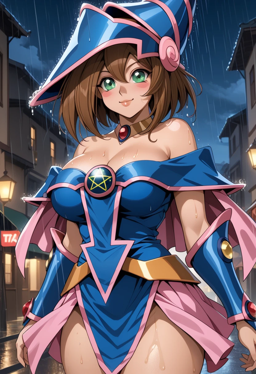 (masterpiece, best quality, very aesthetic, ultra detailed), intricate details, 4k, aadmg, medium side-parted bob hair, brown hair, hat, thicc milf body, blue headwear, green eyes, blush stickers, large breasts, choker, bare shoulders, cleavage, blue mini dress, pentacle, vambraces, pelvic curtain, pink mini skirt, street, night, from side, rain, wet, looking at camera 