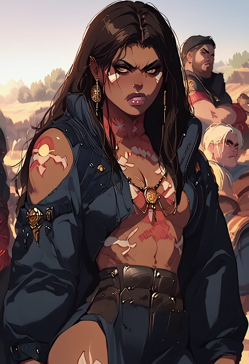 Anime Native warrior, arrogant and greedy, intimidating and sexy, warrior gang dark clothes, brown skin, native ancient tribal tattoos