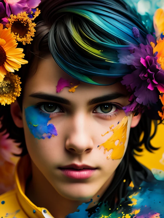  Portrait of a stunningly beautiful teenage boy with flowers ! A stream of black ink , gold , blue , yellow , red ,  purple  , green paint , the whole range of colors of paints , Photorealistic masterpiece in 8k resolution ,  resolution complex detailed painting with liquid gouache  , calligraphy , Acrylic,  watercolor painting ,  professional photography, daylight,  surround lighting , maximalist photo illustration  , concept art in 8K resolution, Meticulously designed, difficult,  elegant, expansive, fantasy. A whirlwind of colors creates a masterpiece ! Portrait of a teenage boy . !