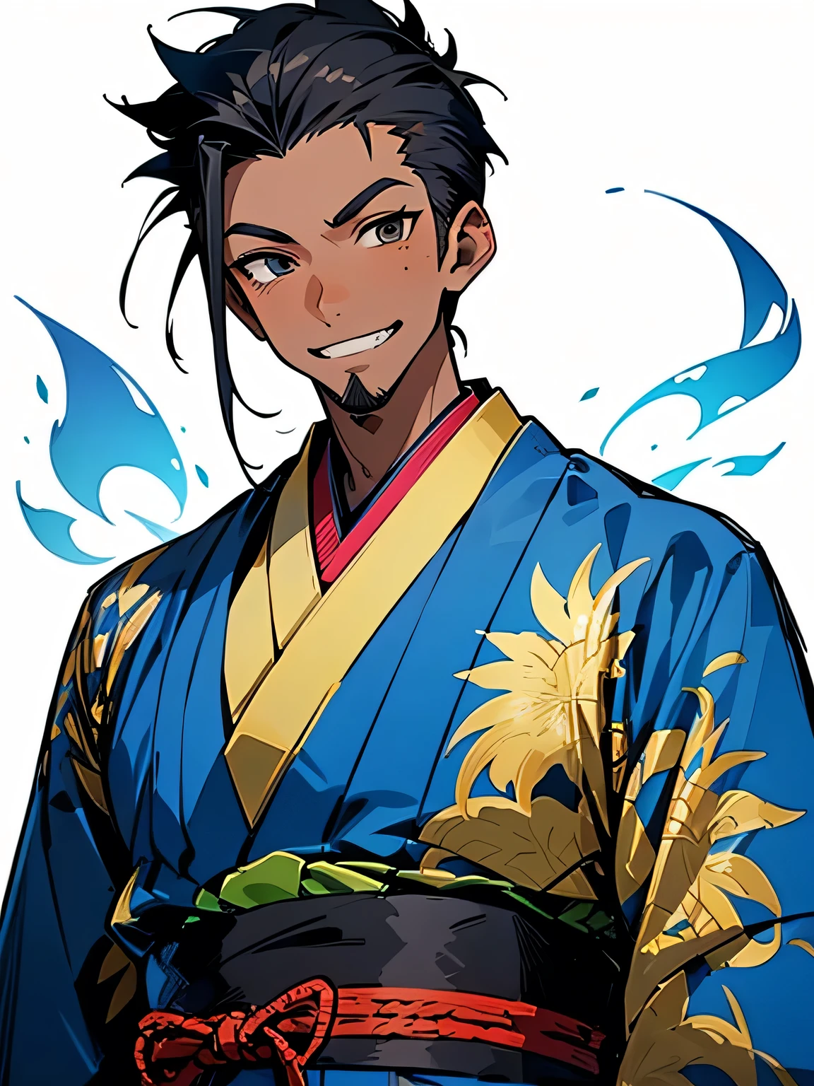 (looking at viewer:1.3), (male:1.3),upperbody,black spiky hair,sideshaved,(dark skin:1.2),big forehead, (stubble:1.2), male eyes, male nose, male mouth, muscle:0.6,(wearing male's gold decoration, traditional embroidery blue kimono_clothes),grin,Pro Model Pose:1.3,（ I am the protagonist:1.3）、simple white background,(manga style),(sketch),(illustration),