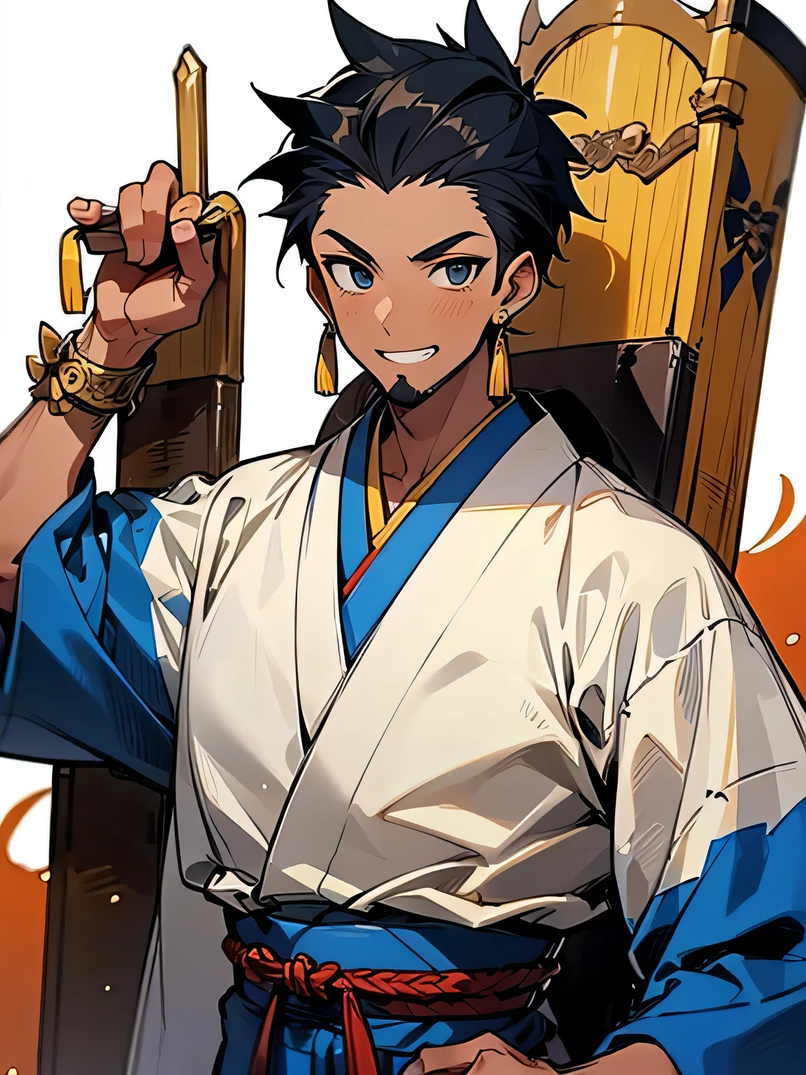 (looking at viewer:1.3), (male:1.3),upperbody,black spiky hair,sideshaved,(dark skin:1.2),big forehead, (stubble:1.2), male eyes, male nose, male mouth, muscle:0.6,(wearing male's gold decoration, traditional embroidery blue kimono_clothes),grin,Pro Model Pose:1.3,（ I am the protagonist:1.3）、simple white background,(manga style),(sketch),(illustration),