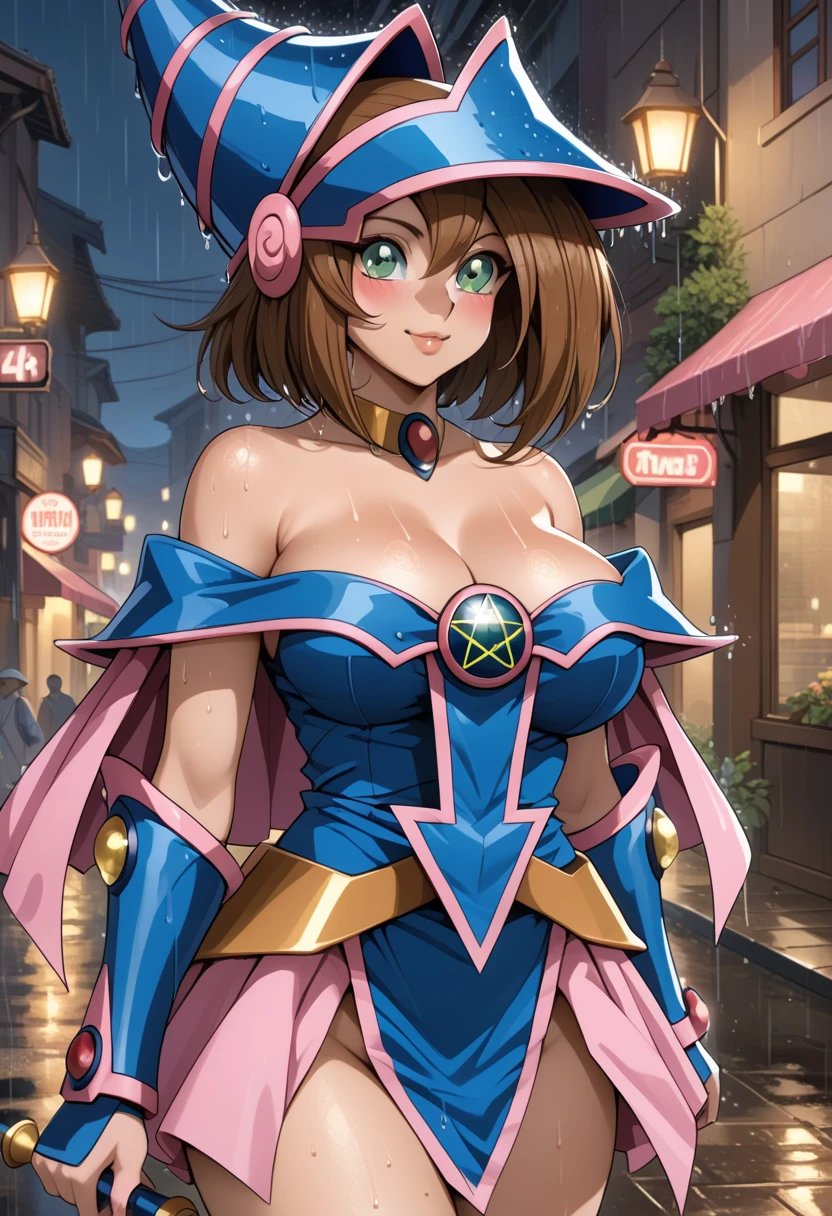 (masterpiece, best quality, very aesthetic, ultra detailed), intricate details, 4k, aadmg, medium side-parted bob hair, brown hair, hat, thicc milf body, blue headwear, green eyes, blush stickers, large breasts, choker, bare shoulders, cleavage, blue mini dress, pentacle, vambraces, pelvic curtain, pink mini skirt, street, night, from side, rain, wet, looking at camera 