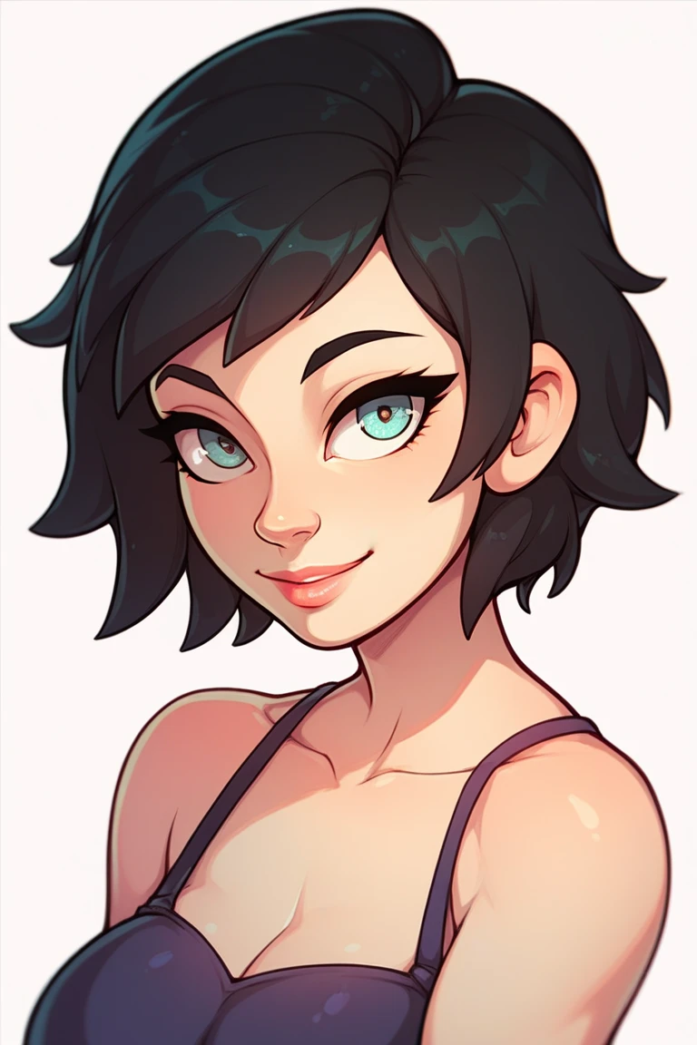 1girl, solo, looking at viewer, smile, short hair, black hair, bare shoulders, collarbone, lips, portrait, cartoon