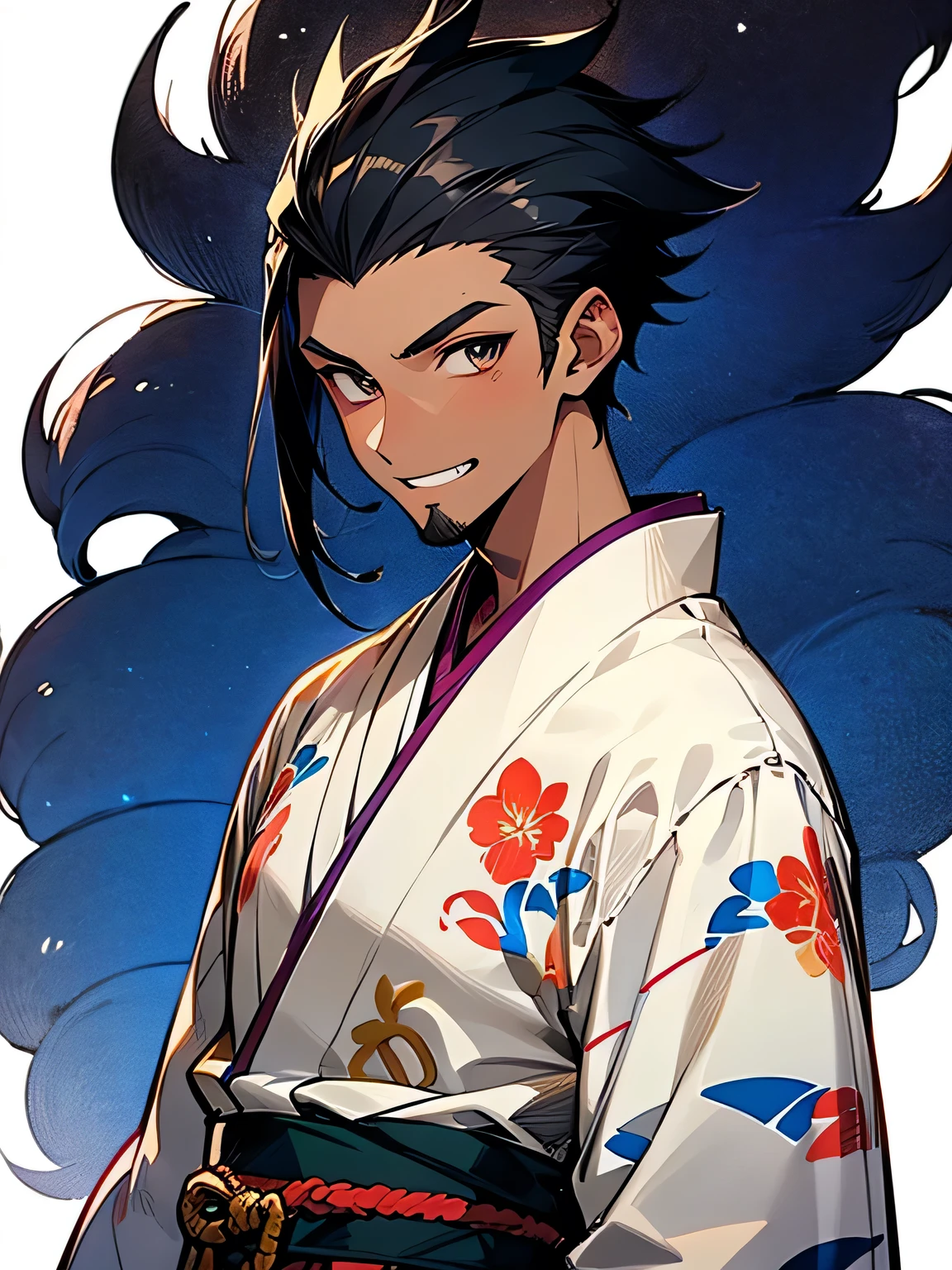 (looking at viewer:1.3), (male:1.3),upperbody,black spiky hair,sideshaved,(dark skin:1.2),big forehead, (stubble:1.2), male eyes, male nose, male mouth, muscle:0.6,(wearing male's gold decoration, traditional embroidery blue kimono_clothes),grin,Pro Model Pose:1.3,（ I am the protagonist:1.3）、simple white background,(manga style),(sketch),(illustration),