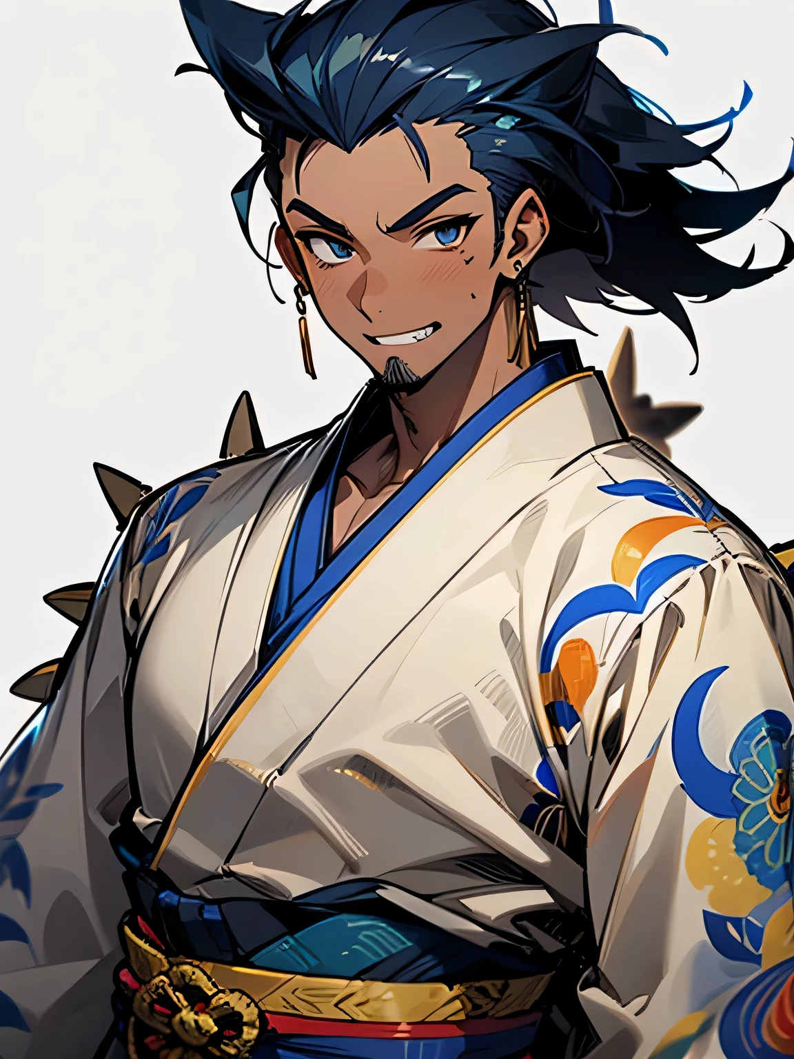 (looking at viewer:1.3), (male:1.3),upperbody,black spiky hair,sideshaved,(dark skin:1.2),big forehead, (stubble:1.2), male eyes, male nose, male mouth, muscle:0.6,(wearing male's gold decoration, traditional embroidery blue kimono_clothes),grin,Pro Model Pose:1.3,（ I am the protagonist:1.3）、simple white background,(manga style),(sketch),(illustration),