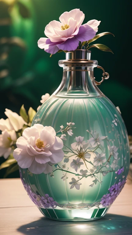  beautiful ceramic perfume bottle　 A masterpiece　  High Quality  　High Precision、  purple silhouette 、 Green background　 lots of white camellia flowers are scattered　、 retro lighting like a professional photographer's movie　Bottle Design  、  Delicate Design  、Japanese style garden style 