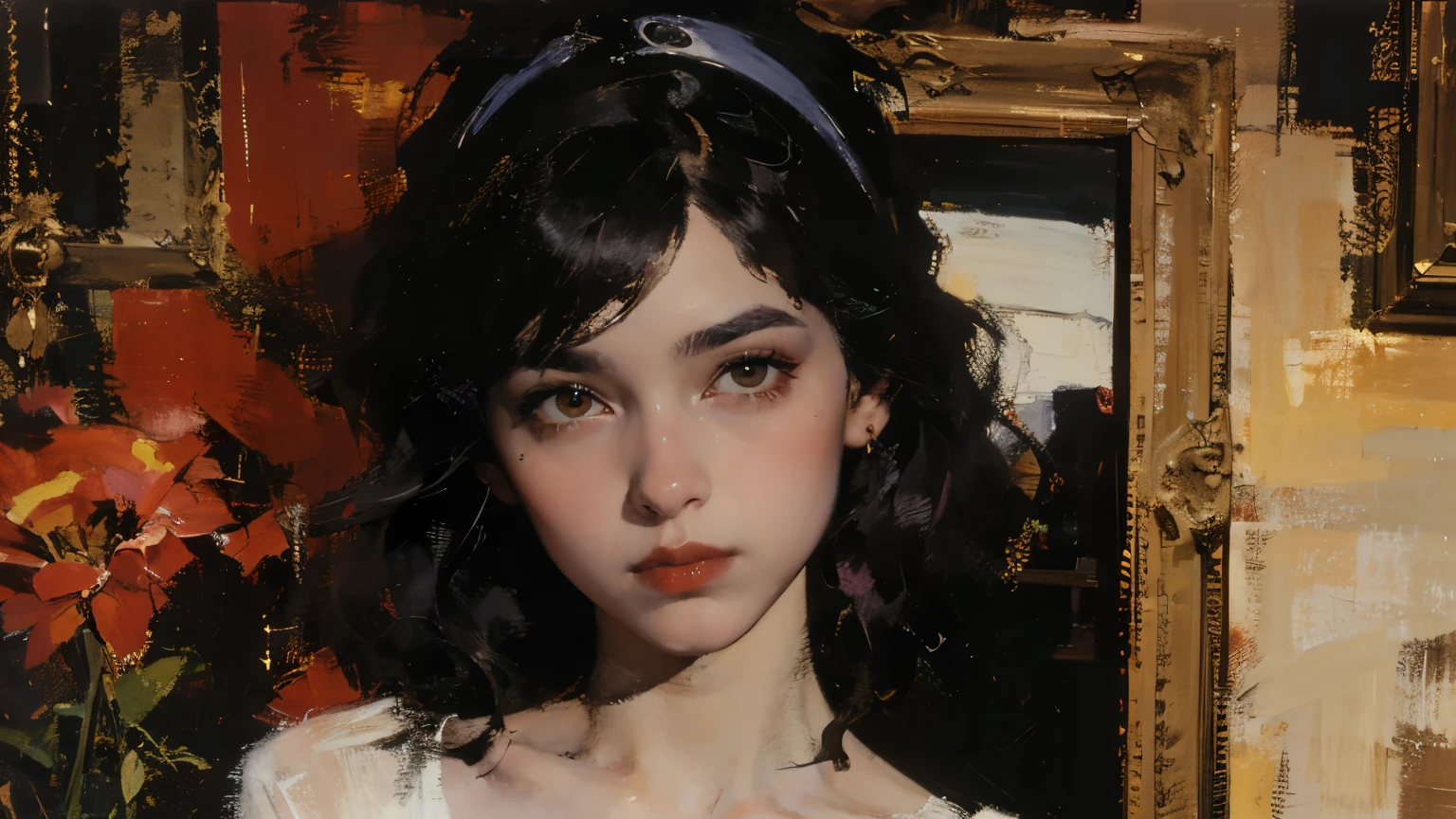  Close-up art portrait , In an ancient castle,  A beautiful transparent ghost girl stands by the window in a black blanket at night ,   a girl with a hair band looks out the window hoping to see her lover , One, 1 girl,  masterpiece fails,   very detailed  ,   Ultra high resolution  ,   high detail ,   black hair , sad,  Tears are flowing ,  cowboy shoots ,   jewelry , You ,   The light effects of the movie  ,   divine rays  ,    ray tracing   , shooting, Gothic, Anime style,  Eye bangs, Youсокое разрешение,  Realistic anatomy,  In detail,  Hidden hair coloring ,  pink hair ,  black hair,  white hair , Gothic style, Art Deco style,  Gustav Moreau style painting . dark theme. There is a woman with red flowers in her hair, album cover,  inspired by an image of a man wearing a white shirt and a Yanjun Cheng necklace, gaining popularity on cgsociety, Synchronism , . 4 thousand.,  guweiz artwork  , beautiful great digital art,  beautiful art illustration, great digital art,  A beautiful digital artwork ,  glowing red eyes,   surrealism, Art Deco, anime, cinematic lighting, Fujicolor, best quality, masterpiece