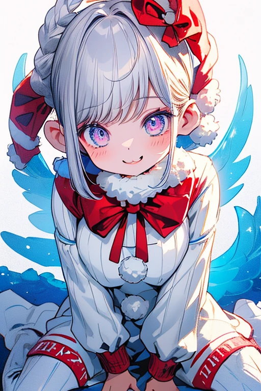 Winter is full of floating snow., Pixar style, super cute little white rabbit, Fluffy, snow-white, shimmering, bright big eyes, furry tail;, Wear a red sweater., Wear a red hat., Smiles, intricate, mythology, Incredibly high detail, Pixar style, bubble, brightly colored, natural light, white background, Image 1:1