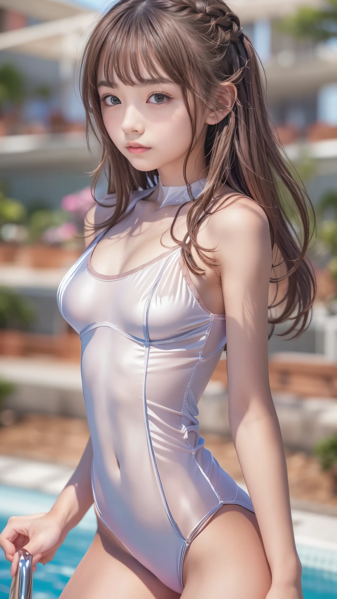 8K quality、High resolution、Realistic skin texture、High resolutionの瞳、woman、Girls Fashion、thin、リアルなwoman性器、Small breasts、thin脚、Wet body、Reader model、Slender model figure、Bold Pose、Pier