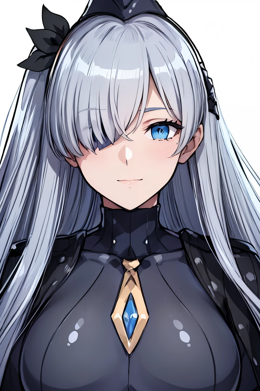 masterpiece, highest quality, (highest quality), (best illustrations), (high resolution),8k,face close up,on the bed, {{{masterpiece}}}, {{{best quality}}}, {{Super detailed}}, {{very delicate and beautiful}},smile,black DOLLSUIT,DOLLSUIT,{{{best quality}}}, {{Super detailed}}, masterpiece, highest quality, (highest quality), (best illustrations), 8k,{{{masterpiece}}}, {{{best quality}}}, {{Super detailed}}, {{{best quality}}}, {{Super detailed}}, face close up, anastasia, blue eyes, grey hair, hair between eyes, (hair over one eye:1.5), long hair, bangs,