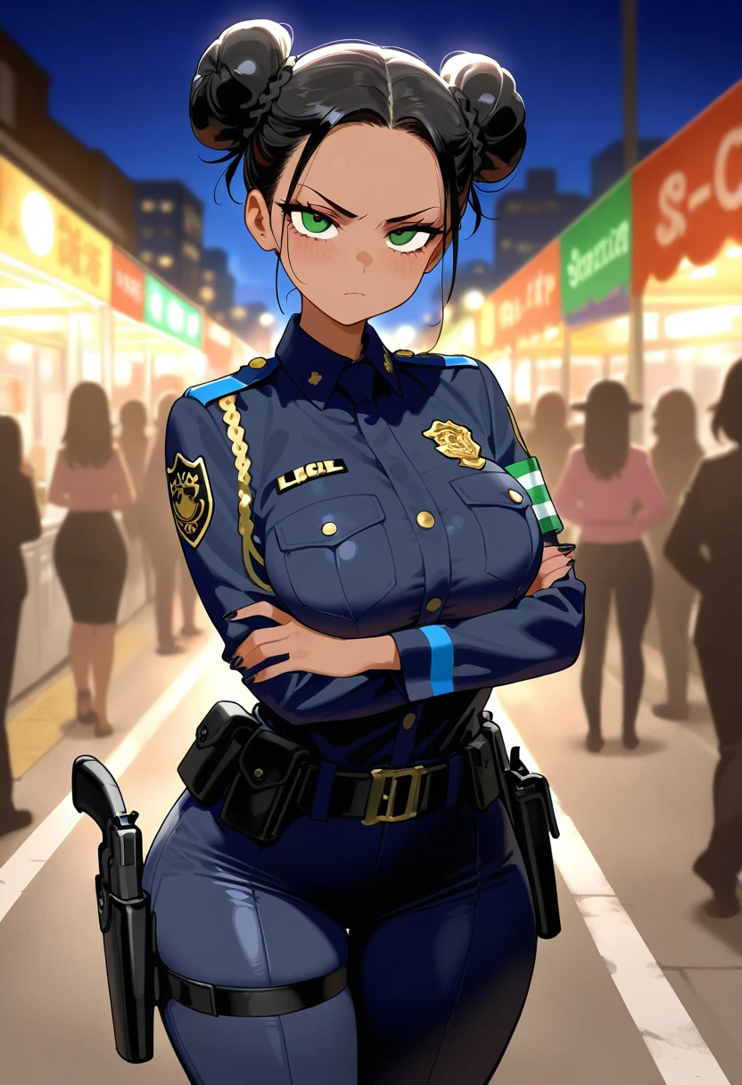 (masterpiece), best quality, expressive eyes, perfect face, young adult woman, Latina, Mexican, dark-skinned female, green eyes, black hair, nail polish, black police uniform, serious expression, looking at viewer, bun hairstyle, night parking lot, gun holster, tight pants, wide hips, side view, arms crossed under breasts