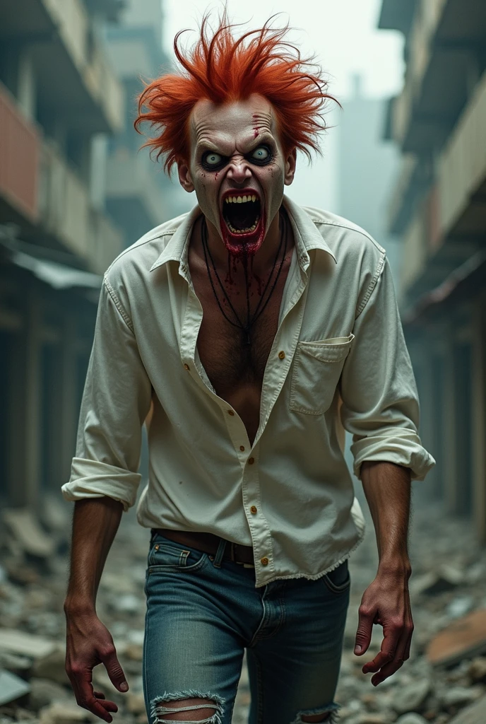 a man with red hair. He wears a black t-shirt, blue jeans and white sneakers. He leans back slightly, laughing aloud. His arms are out. His eyes are scary. His skin is very pale and he has black veins running through his arms. He has red blood on his hands and on all his clothes. You can see him in profile. Around him are burning ruins and buildings. [Man] [Bad] [Red Blood] [Laugh] [Scary]