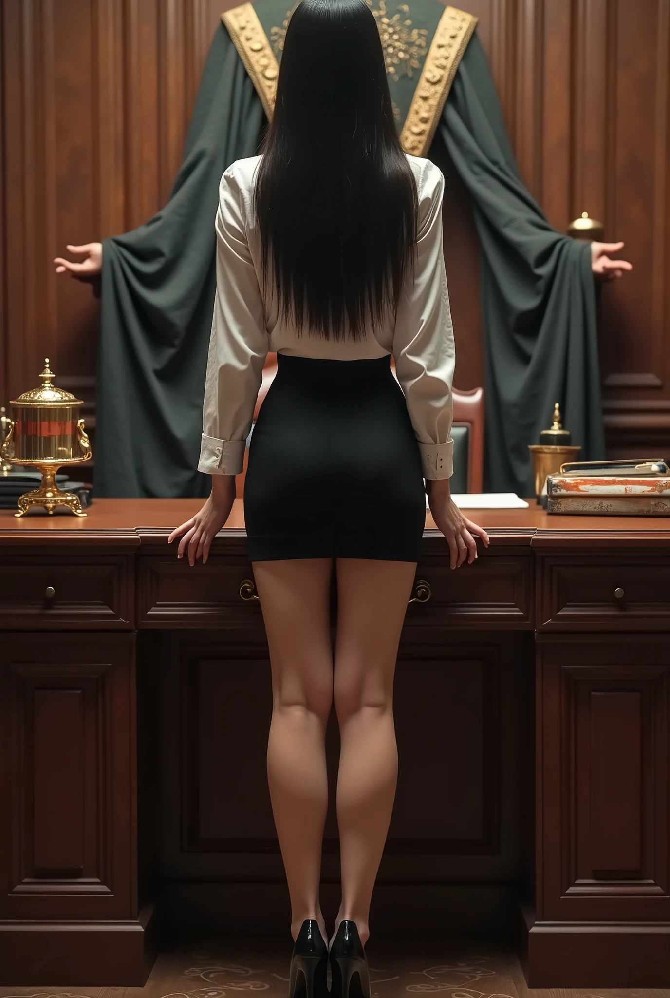 (show pussy:0.9), (pubic hair:1), A beautiful woman from Indonesia, a judge, naughty woman mature、(inside the court, The background is in court), ((The judge is in black robes:1.2))、Realistic limbs、chubby cheeks, sexy tall posture, plump body, thick thighs, full make up, Hyper realistic, Perfect Anatomy, no underwear, no pants, nsfw, Surrounded by male lawyers