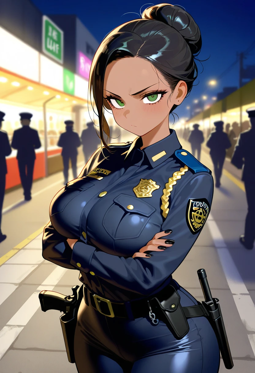 (masterpiece), best quality, expressive eyes, perfect face, young adult woman, Latina, Mexican, dark-skinned female, green eyes, black hair, nail polish, black police uniform, serious expression, looking at viewer, bun hairstyle, night parking lot, gun holster, tight pants, wide hips, side view, arms crossed under breasts