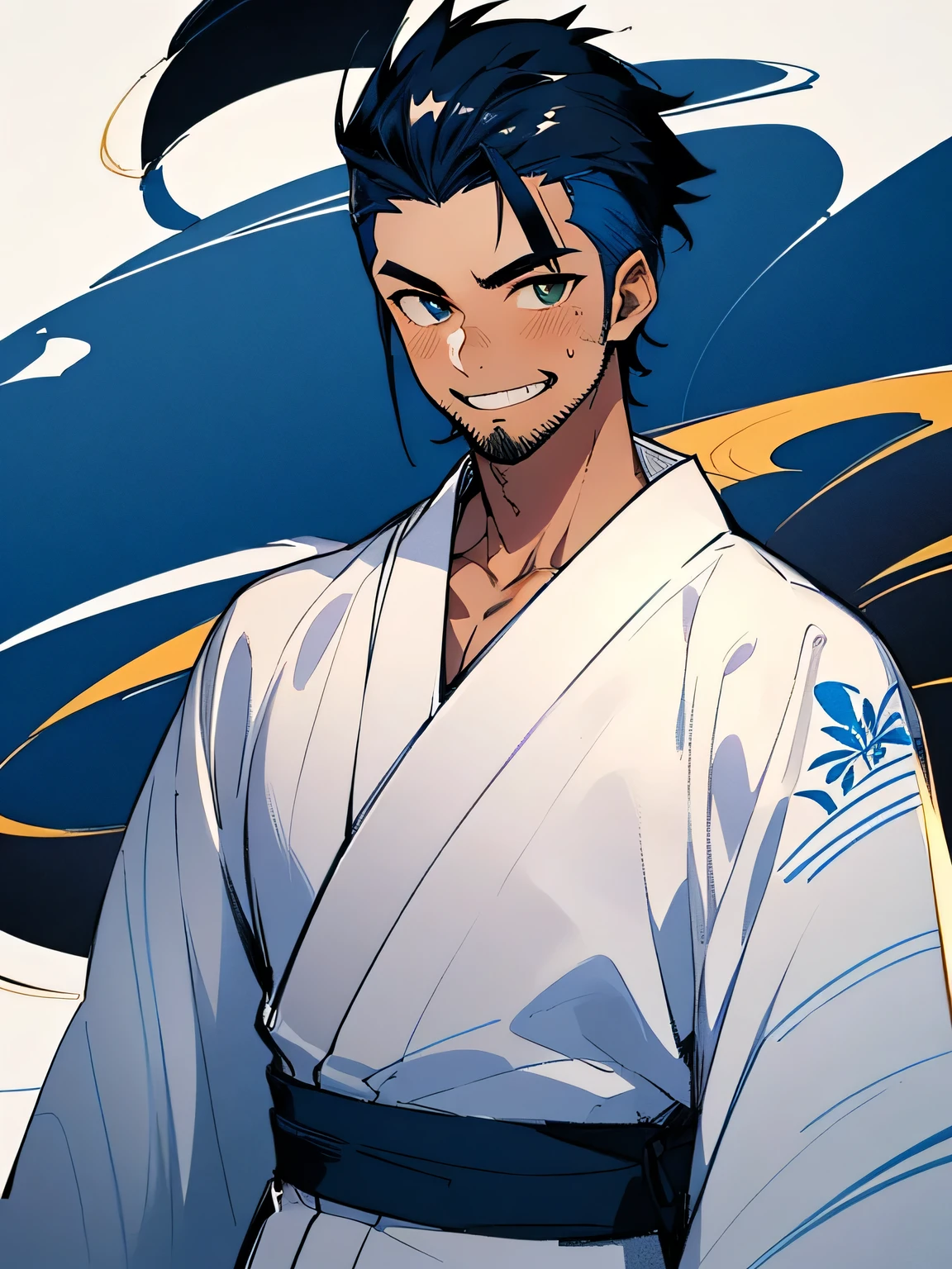 (looking at viewer:1.3), (male:1.3),upperbody,black spiky hair,sideshaved,(dark skin:1.2),big forehead, (stubble:1.2), male eyes, male nose, male mouth, muscle:0.6,(wearing male's gold decoration, traditional embroidery blue kimono_clothes),grin,Pro Model Pose:1.3,（ I am the protagonist:1.3）、simple white background,(manga style),(sketch),(illustration),