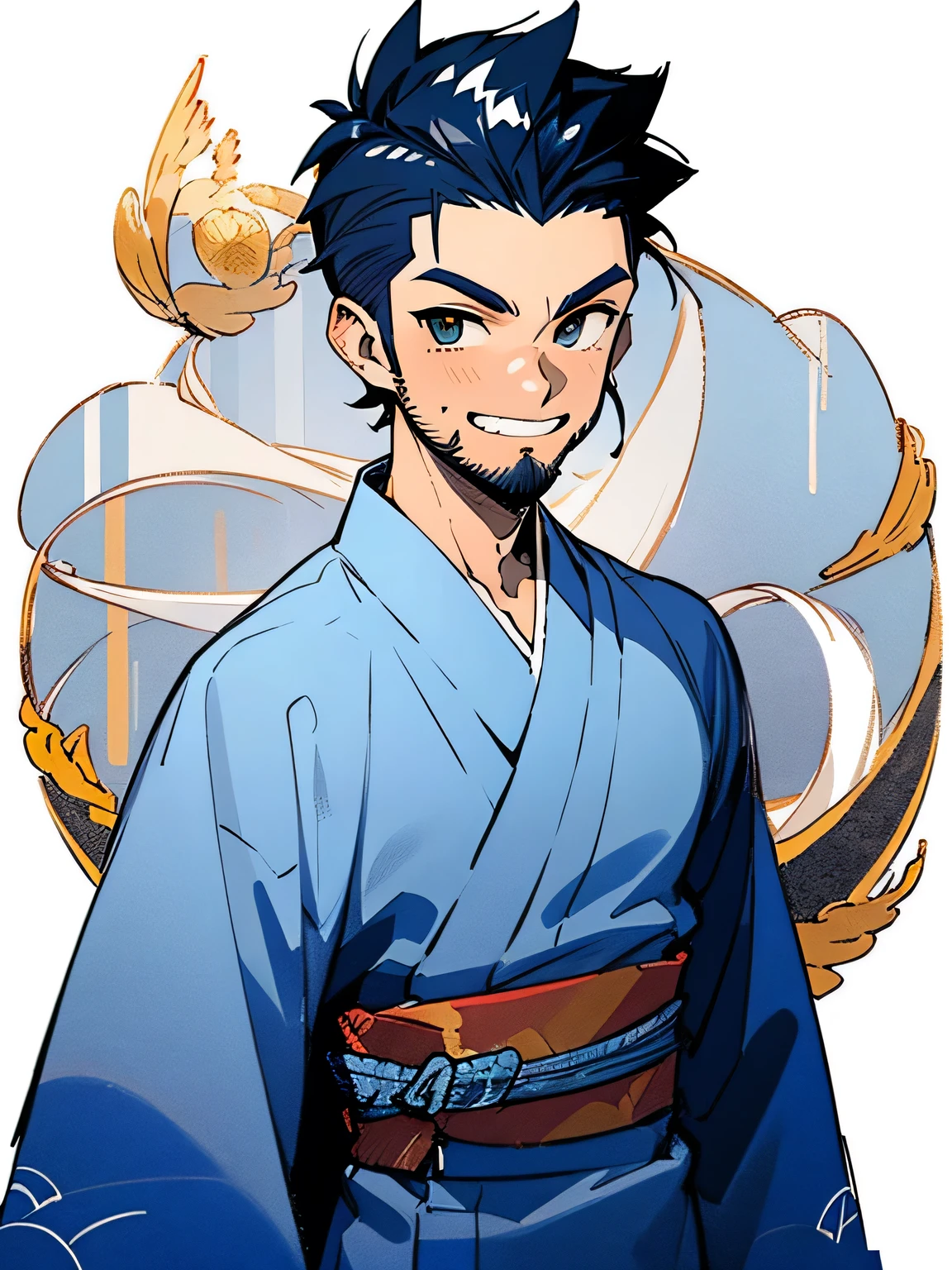 (looking at viewer:1.3), (male:1.3),upperbody,black spiky hair,sideshaved,(dark skin:1.2),big forehead, (stubble:1.2), male eyes, male nose, male mouth, muscle:0.6,(wearing male's gold decoration, traditional embroidery blue kimono_clothes),grin,Pro Model Pose:1.3,（ I am the protagonist:1.3）、simple white background,(manga style),(sketch),(illustration),