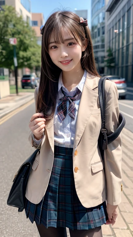 (8k,  RAW photos ,  best quality, masterpiece:1.2), (Realistic, photo-Realistic:1.4), (  very detailed 8k wallpaper  ),  Japanese woman like an idol  ,Long Hair ,  straight hair, hair between eyes, Round face, bust up, smile, School uniform, Brown blazer, School, Tartan Plaid Skirt , red ribbon in the hair, bow tie , Knee High Tights ,School bag ,  Beautiful Clothes and Attention to Details ,  as in the picture  ,  watch viewers(camera),School bagカウボーイショット, Cityscape with Holographic Ads,１６age, nice smile,teeth,Glasses girl、 short haired 、