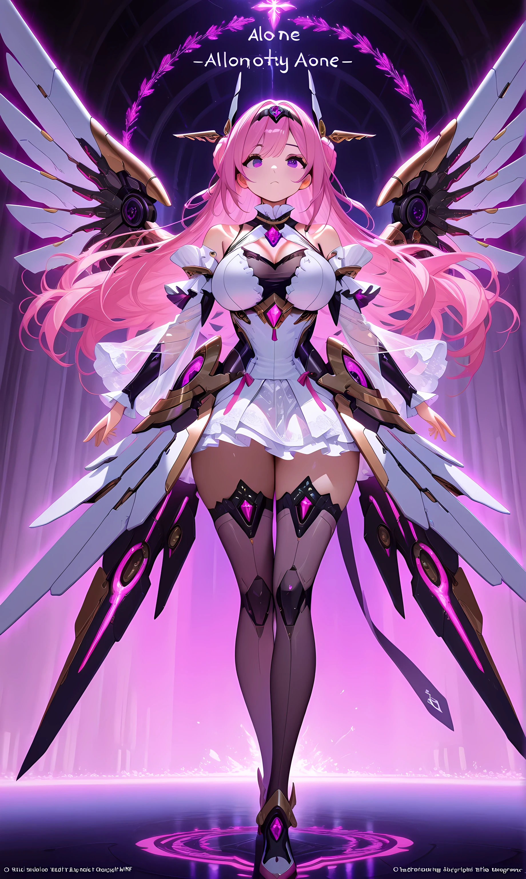 1 girl,Alone, dorothyalt ,  Pink hair, long hair, hair bun, Braid,  purple eyes, headgear,  hair band,  hair ornament, Chest Jewel, see-through,  big breasts,  white dress , ruffled collar , Ornaments,  stripped sleeves ,  tall stockings, mechanical wings,aesthetic,  masterpiece ,  lyrics, 4k hd, absurdres