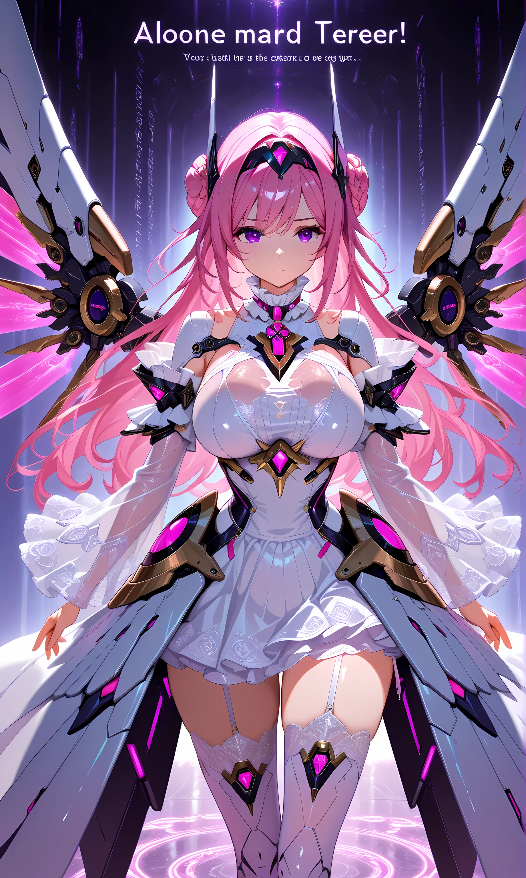 1 girl,Alone, dorothyalt ,  Pink hair, long hair, hair bun, Braid,  purple eyes, headgear,  hair band,  hair ornament, Chest Jewel, see-through,  big breasts,  white dress , ruffled collar , Ornaments,  stripped sleeves ,  tall stockings, mechanical wings,aesthetic,  masterpiece ,  lyrics, 4k hd, absurdres