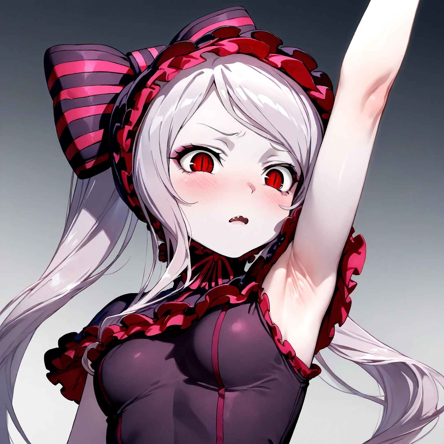 (Masterpiece, HDR, 4k, High Quality) 1girl, Shalltear Bloodfallen, flowing silver hair, wearing an elegant black dress adorned with red lace accents. Her dress features a gothic lolita style design. The girl's eyes are a sharp red (Hypnotized Expression, arm ups, zoom under arm, armpits, side armpits, more side armpits, detailed side armpits, armpits fresh, shiny armpits, very detailed armpits) The background is simple with a neutral gray color.
