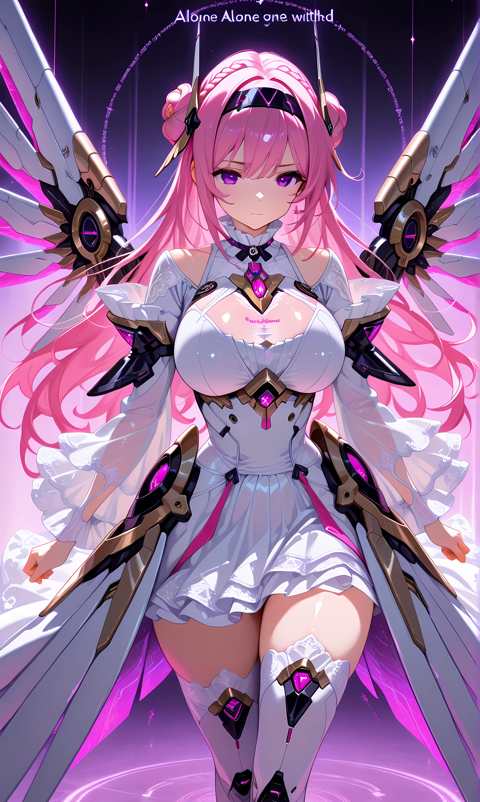 1 girl,Alone, dorothyalt ,  Pink hair, long hair, hair bun, Braid,  purple eyes, headgear,  hair band,  hair ornament, Chest Jewel, see-through,  big breasts,  white dress , ruffled collar , Ornaments,  stripped sleeves ,  tall stockings, mechanical wings,aesthetic,  masterpiece ,  lyrics, 4k hd, absurdres