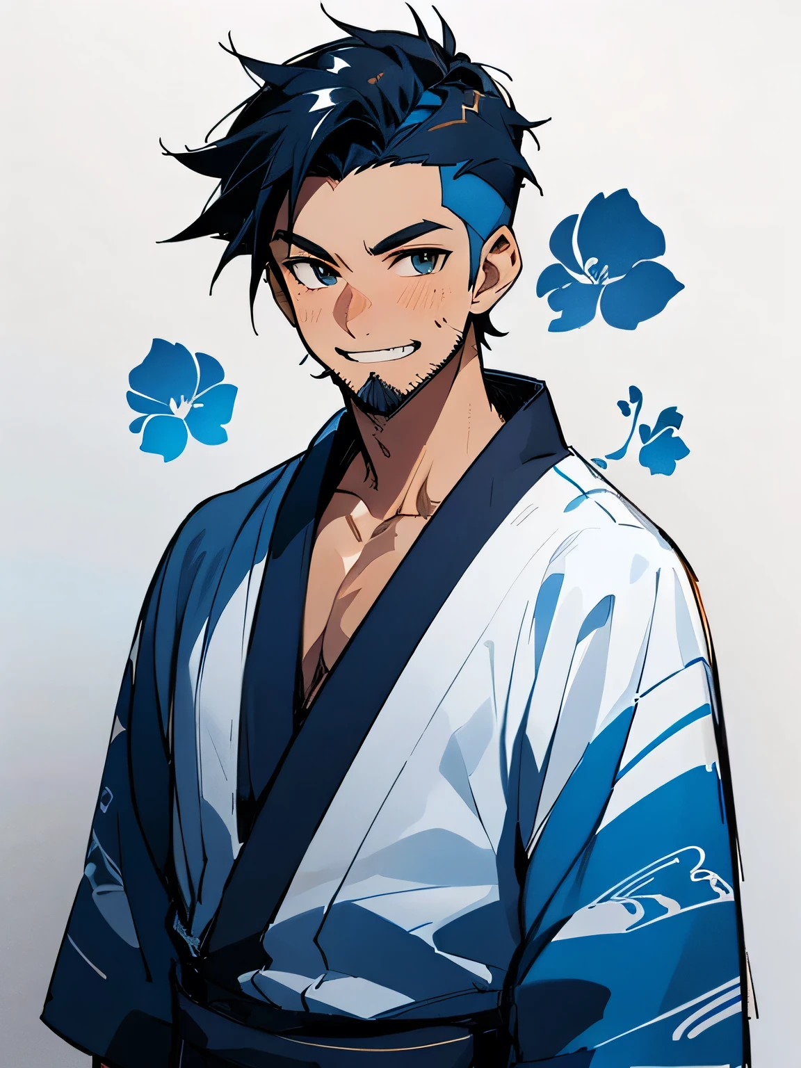 (looking at viewer:1.3), (male:1.3),upperbody,black spiky hair,sideshaved,(dark skin:1.2),big forehead, (stubble:1.2), male eyes, male nose, male mouth, muscle:0.6,(wearing male's gold decoration, traditional embroidery blue M-YUKATA),grin,Pro Model Pose:1.3,（ I am the protagonist:1.3）、simple white background,(manga style),(sketch),(illustration),