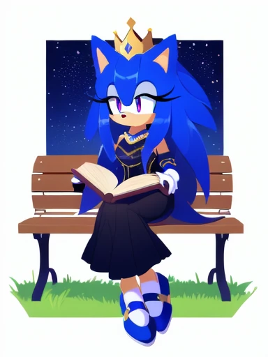 full body art, sonic oc female sonic style, Sonic oc, Mobian, tall, female hedgehog, Cosmic hedgehog, light blue, dark purple eyes, and markings, stars or constellations on each hair/quills, an otherworldly aura, very long straight hair/quills reaching her waist; few long hair bangs covering her face, long streaks at each side of her face, beaded hair, with smooth fur, a slim thick hourglass body, black containment gloves, crown, royal blue princess dress, slip on shoes, Garden background, sitting on a bench, reading a book.