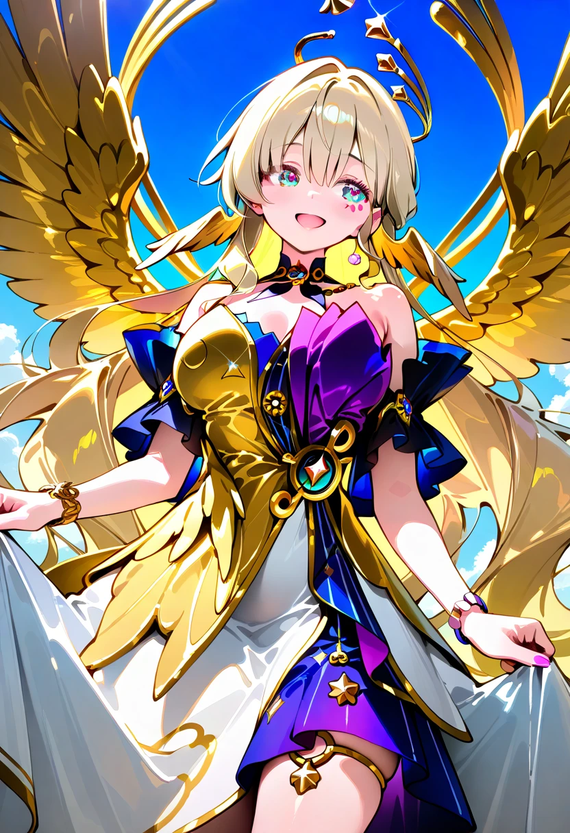 score_9,score_8_up,score_7_up,1girl,robin_\(honkai:_star_rail\),head_golden wings,bare_shoulders, gold jewelry,bangles, long dress, bracelet,skirt, gold navel,midriffe, large breasts shiny blonde hair, loose flowing gold silk chiffon gown, dsmile, dawn, blue sky, highly detailed, long lashes, shimmering, happy, serene, heavenly, detailed face, perfect eyes, masterpiece,best quality, amazing quality,very aesthetic,absurdres,newest,