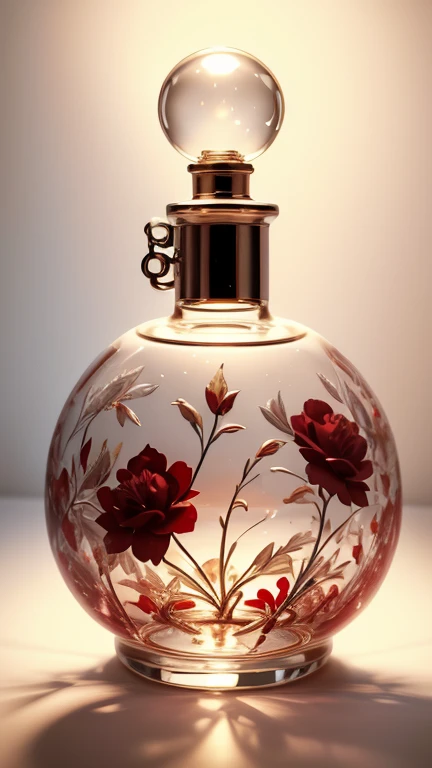  beautiful czech glass perfume bottle　 A masterpiece　  High Quality  　High Precision、 Red silhouette 、 White background　 Lots of red camellia flowers scattered　、 Retro lighting like a professional photographer's movie　Bottle Design  、  Delicate Design  、Japanese style garden style 