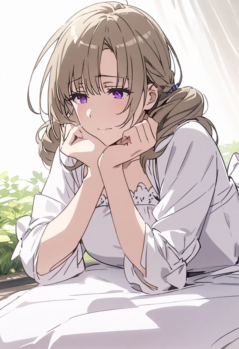 mature woman ,light brown side tail,purple eyes, white dress,Relaxed pose, lying face down ,supporting her chin with her hands