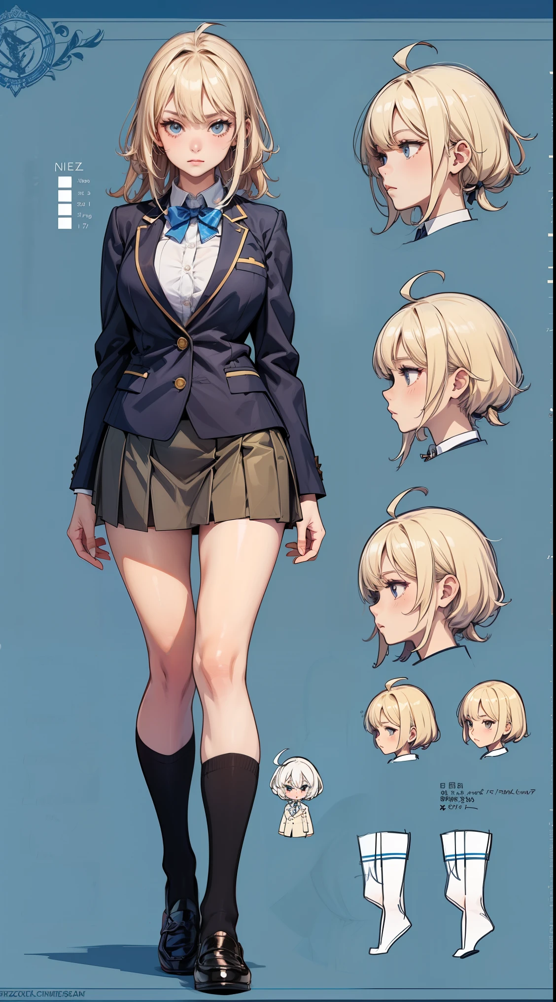 girl, alone, whole body, From head to toe, Are standing, (Huge_chest:1.3),
Character design sheet, Character Reference Sheet, Schematic, Drafting, Blueprint, Schematic,
((Character design sheet:1.7, Character Reference Sheet:1.7,)),
anime/cartoon character wearing a girls , 1girl, alone, Thigh-high socks, blazer burezaa (blazer), Ahoge, Long Hair, bow, , shoes, loafers, ribbon, (Very short skirt:1.4),