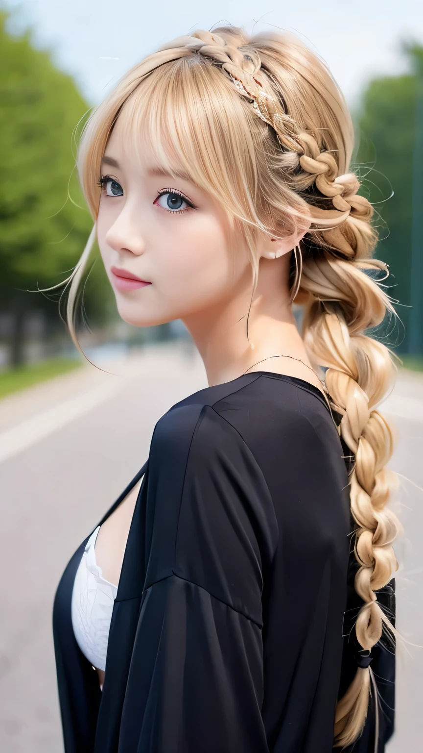 Sexy Big 、Sexy cute looks and cute 15 year old beautiful girl, beautiful and sexy face、A strong wind blows my hair in front of my face、beautiful long blonde French braided hair、beautiful, Cute and sexy eyes hidden behind long bangs