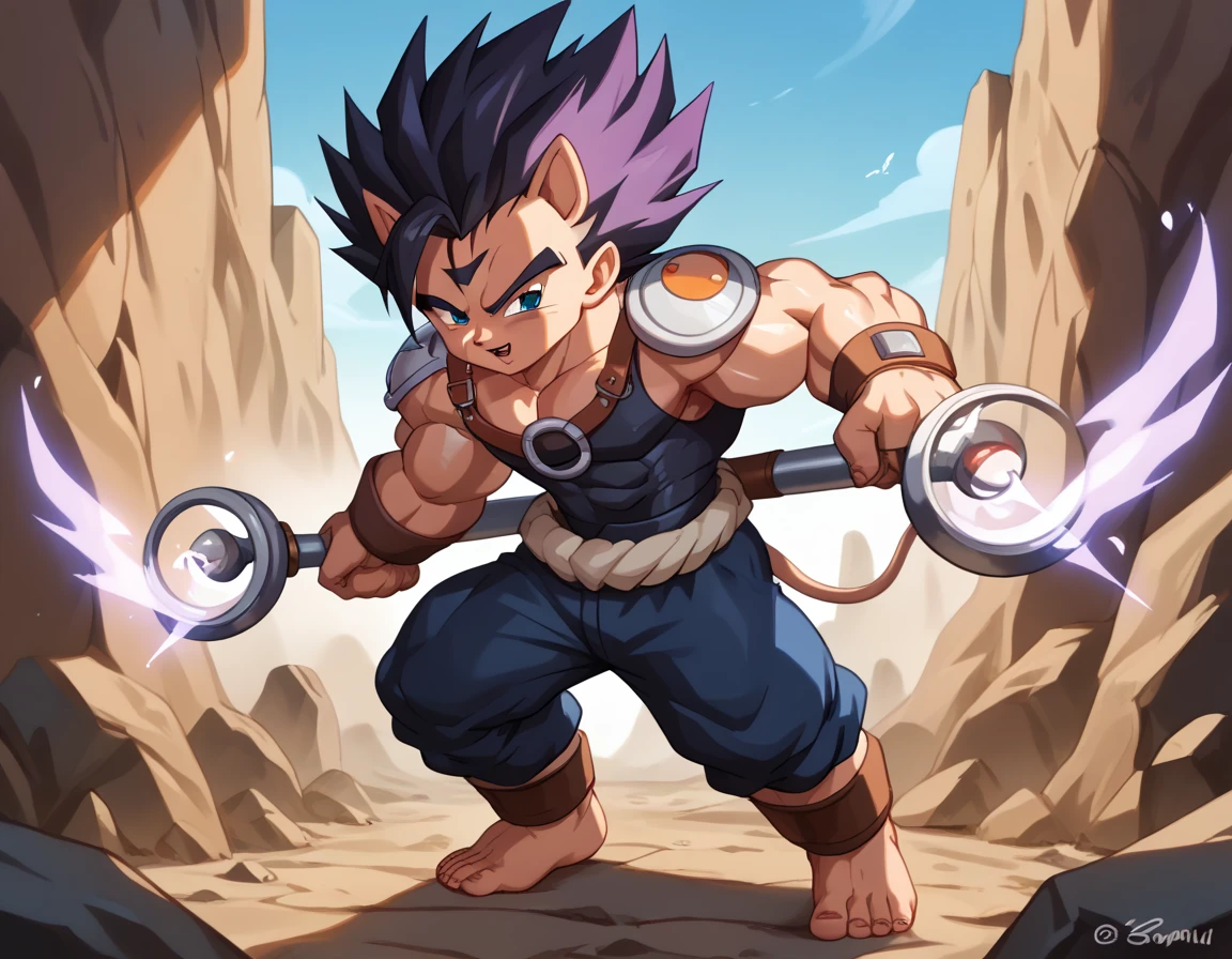  top quality,Anatomical, Big Muscles , Vegeta and Kogenta mix,Demon Body,Sexually attractive gestures,shiny skin, growing skin, taken over by the devil , He smiles wickedly ., armband, bracers,Harness,gigantic penis,supersaiyanaura,Lots of dark purple aura,fullbody,（（（Shota,Chibi）））