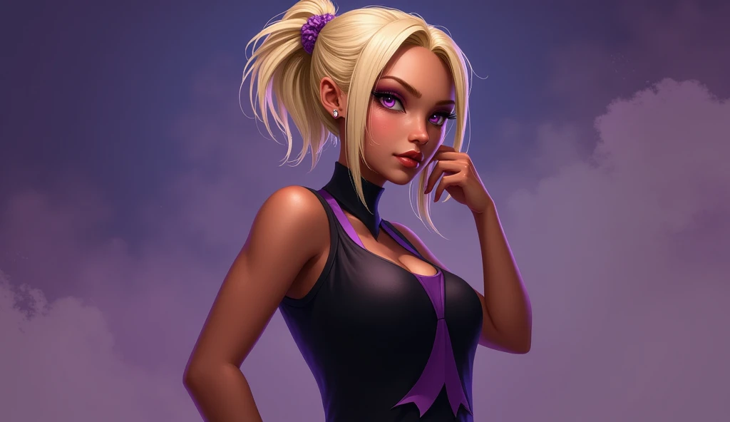 1flux,shiny skin,girl,solo,dark_skinned_female,dark_skin, solo,, blonde hair, purple eyes,,armpits,sideview,sleevesless_dress,side_boob ,one arm up