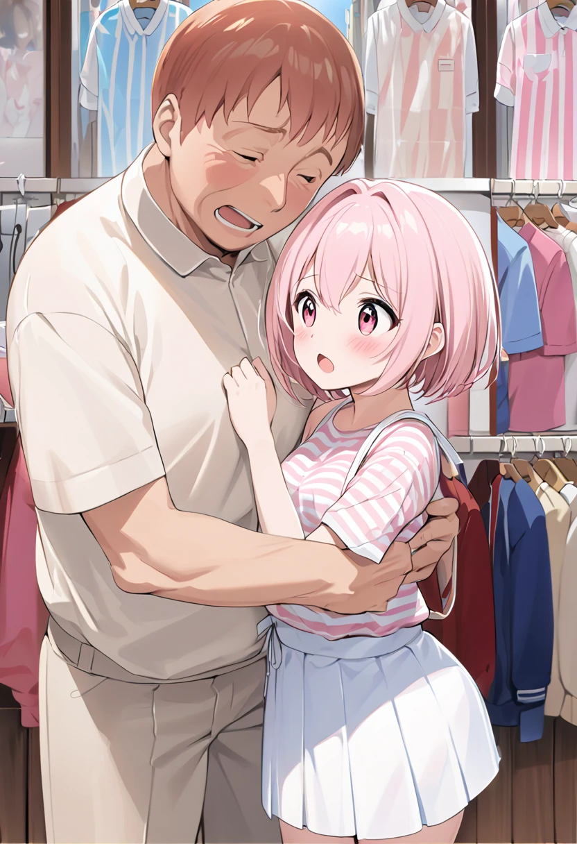  top quality、 anime painting、Round eyes 、 very young girl 、 very small breasts 、Long neck、Very thin body、Very slim legs、Glossy Light Pink Hair 、 、 short haired 、pink and white striped shirt 、 white miniskirt 、 and wears a white pouch over his shoulder、 apparel shop with clothes lined up、 1 middle-aged man、 hug、((Middle-aged man grabs girl's chest))、excited man、Open your hands、 open her mouth 、blush