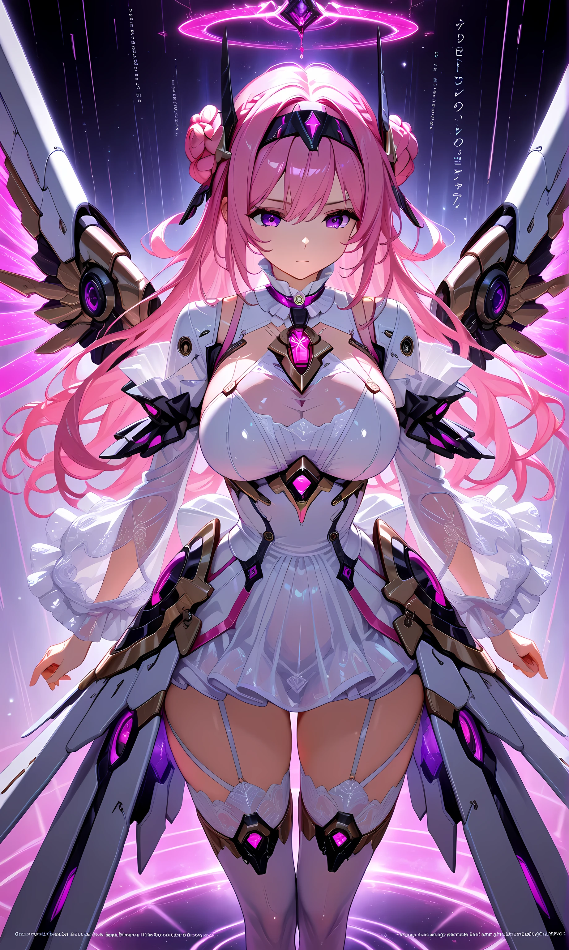 1 girl,Alone, dorothyalt ,  Pink hair, long hair, hair bun, Braid,  purple eyes, headgear,  hair band,  hair ornament, Chest Jewel, see-through,  big breasts,  white dress , ruffled collar , Ornaments,  stripped sleeves ,  tall stockings, mechanical wings,aesthetic,  masterpiece ,  lyrics, 4k hd, absurdres