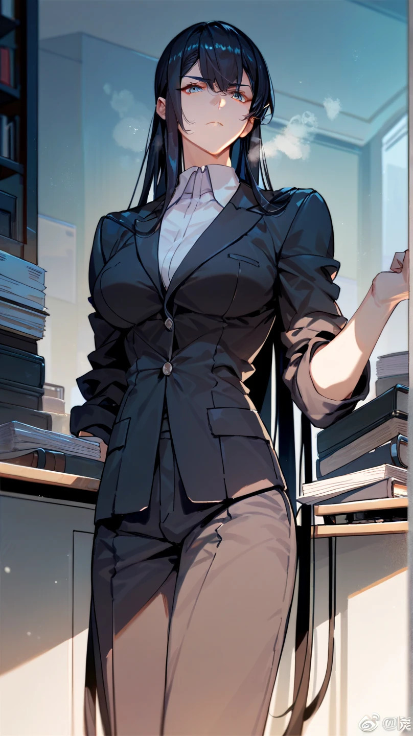 8K, 27 years old woman, waist-length hair, very long hair, long straight black hair, side-bangs, dark gray suit, black suit, curvy, tall, slender, cold expression, hot, standing, frown, glare, office