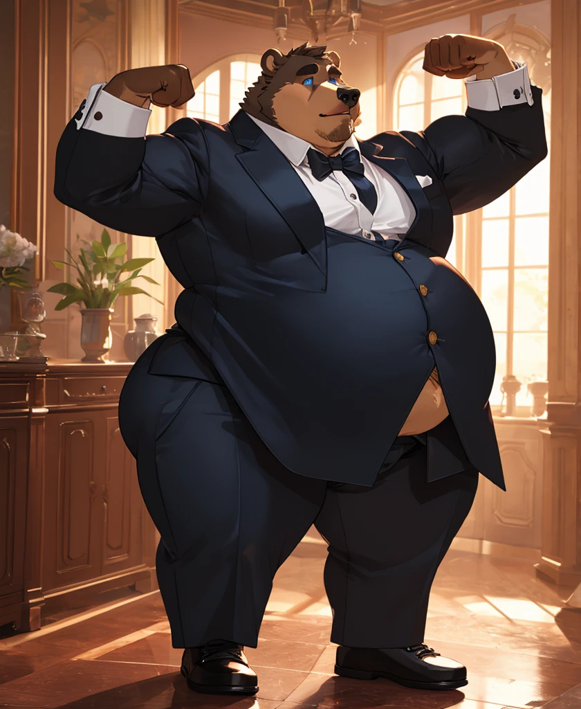 Very Extremely Morbidly-Obese Grizzly Bear with Very Extremely massive Overhang hyper Belly, very extremely overweight, massive belly, showing impression, chubby face, chubby legs, chubby butt, wears shoes,  wears full tuxedo suit, Butler, beautiful Blue eyes, flexing. 