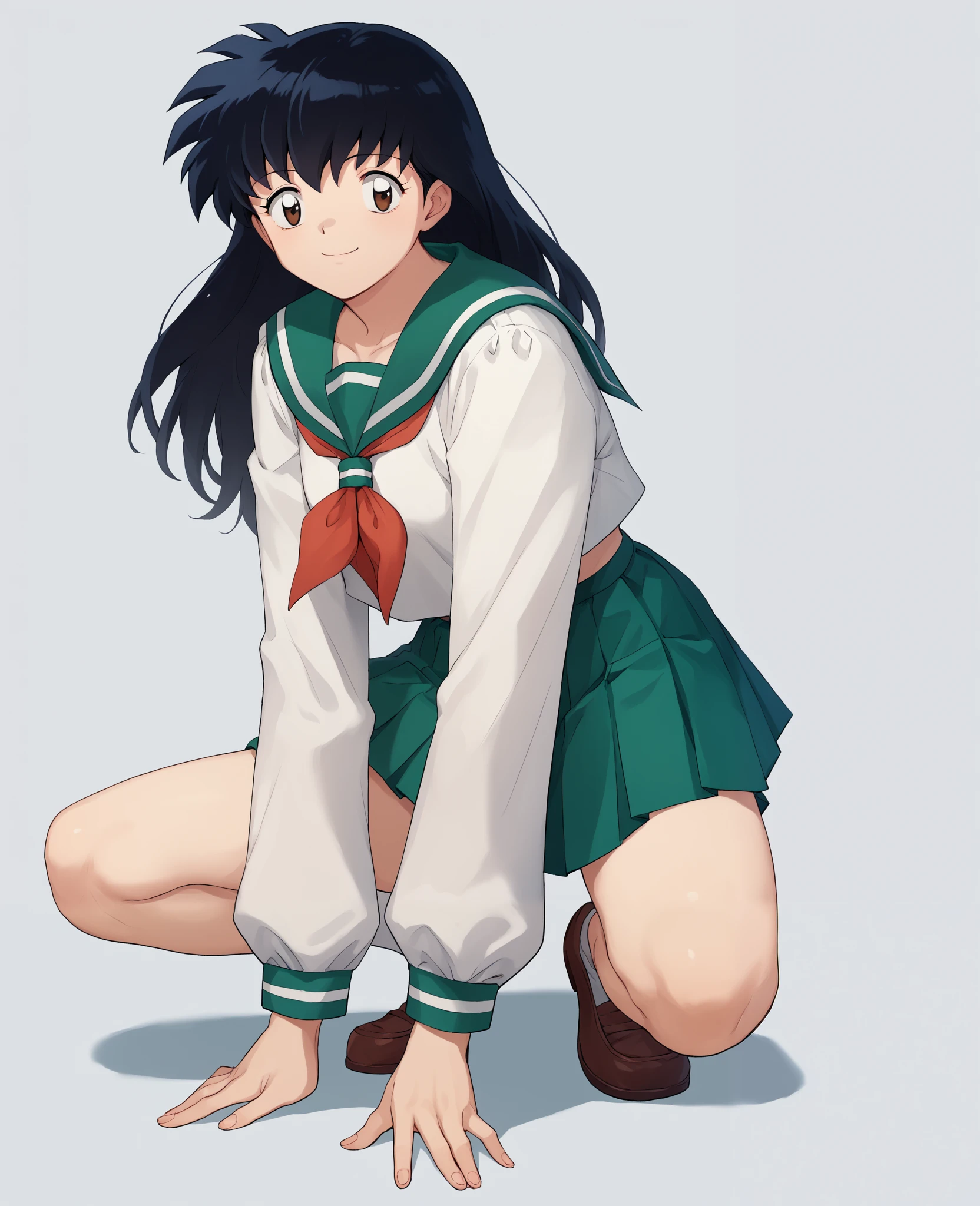 score_9, score_8_up, score_7_up, score_6_up, score_5_up, score_4_up, BREAK, source_anime, 1girl, kagomehigurashi, bangs, black hair, long hair, brown eyes, long sleeves, neckerchief, pleated skirt, serafuku, upper body, smile, solo, simple background, white background, crouching on all fours, nude, asshole, best view