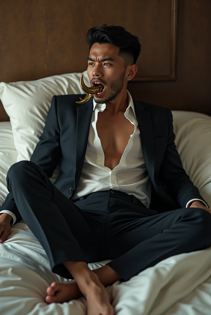 man lying in bed with playing cards and lipstick on his chest, a man shirtless, tarot cards on his lower stomach.
