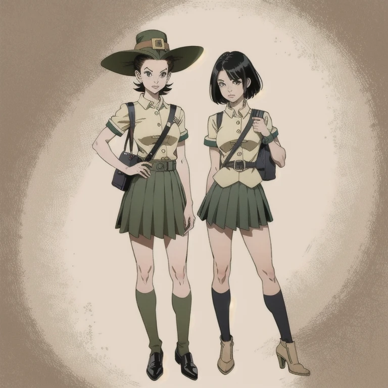 (  masterpiece ,  best quality ), 1 ,  pan \(dragon ball\), 1 ,  black hair,  short hair,  black eyes, uniform verdee, ************ uniform, green hat, shoulder bag, green skirt,  black shoes , Green socks