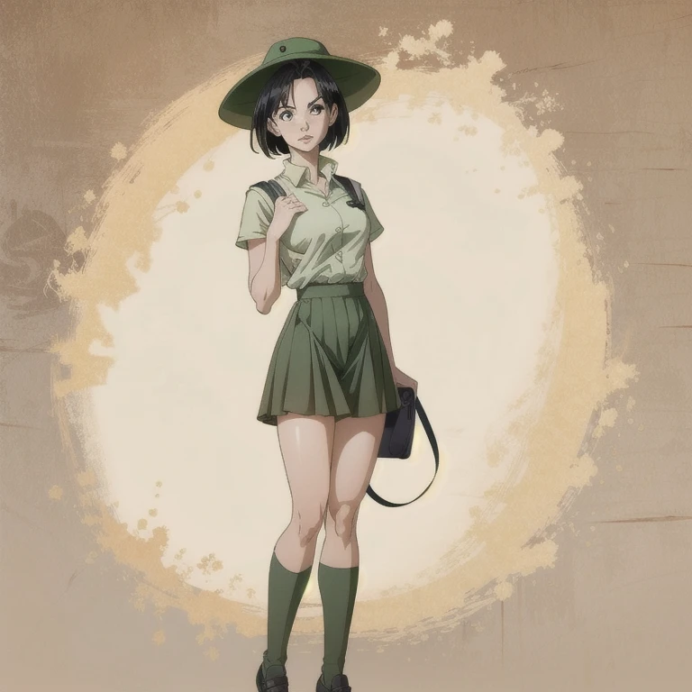 (  masterpiece ,  best quality ), 1 ,  pan \(dragon ball\), 1 ,  black hair,  short hair,  black eyes, uniform verdee, ************ uniform, green hat, shoulder bag, green skirt,  black shoes , Green socks