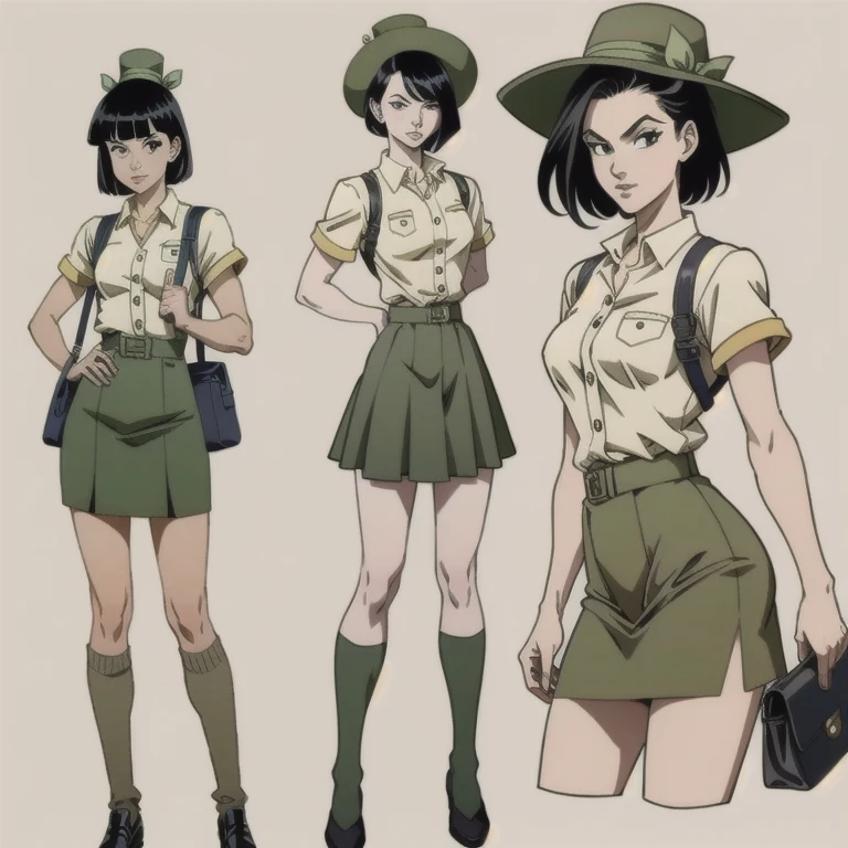 (  masterpiece ,  best quality ), 1 ,  pan \(dragon ball\), 1 ,  black hair,  short hair,  black eyes, uniform verdee, ************ uniform, green hat, shoulder bag, green skirt,  black shoes , Green socks