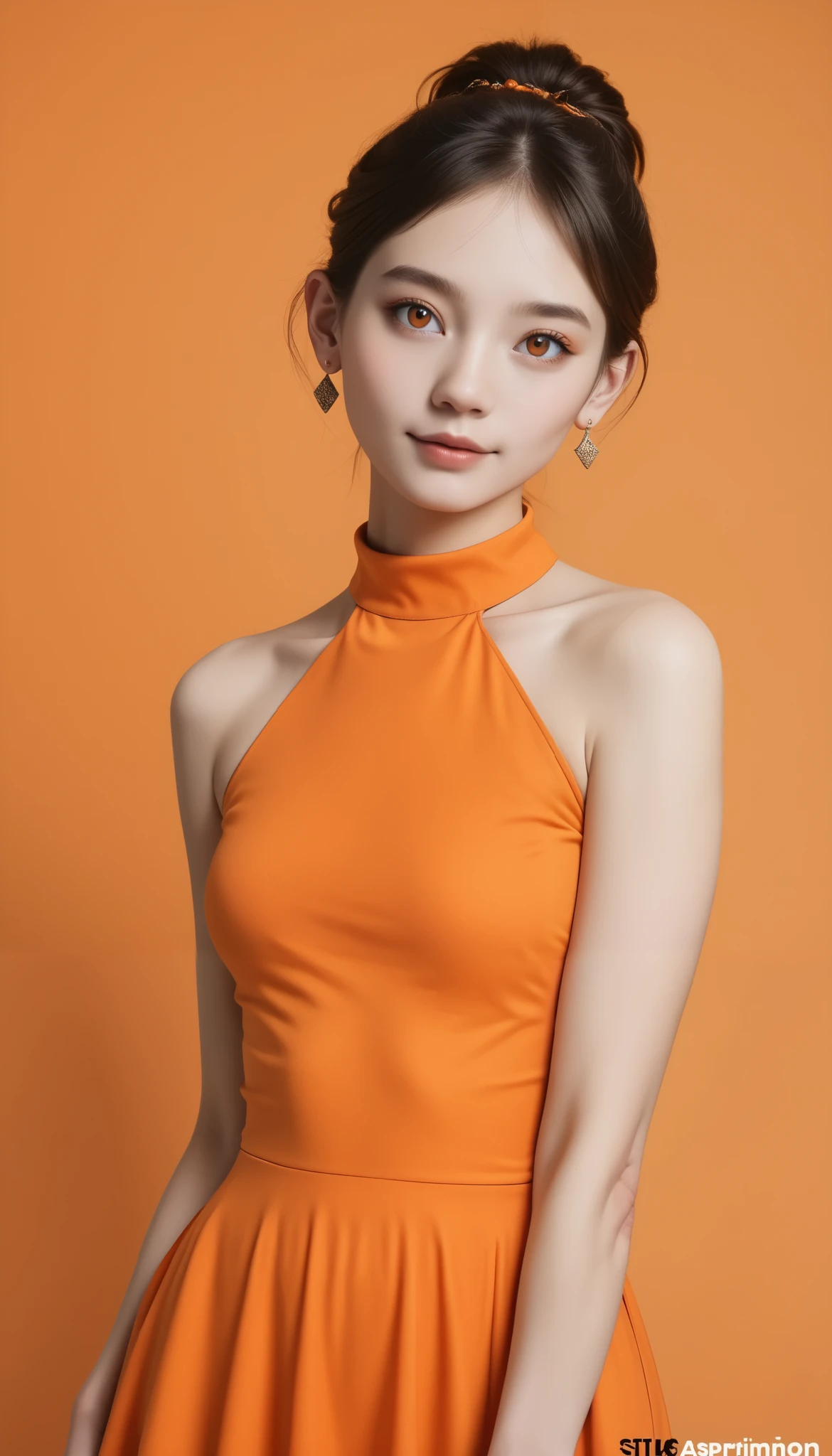 (((Orange Background:1.3)))、 top quality,  table top in front of you,  high definition , ((( one girl))), ************, orange clothes 装、(( orange clothes :1.3、orange block dress)), tyndall effect,  realistic , Shadow Studio , ultramarine lighting,  Dual tone lighting, ( high definition スキン: 1.2)  dslr ,   Photos ,  high definition , 4K, 8k,  Blurred Background, beautiful fade out 、Orange World、 gray background 