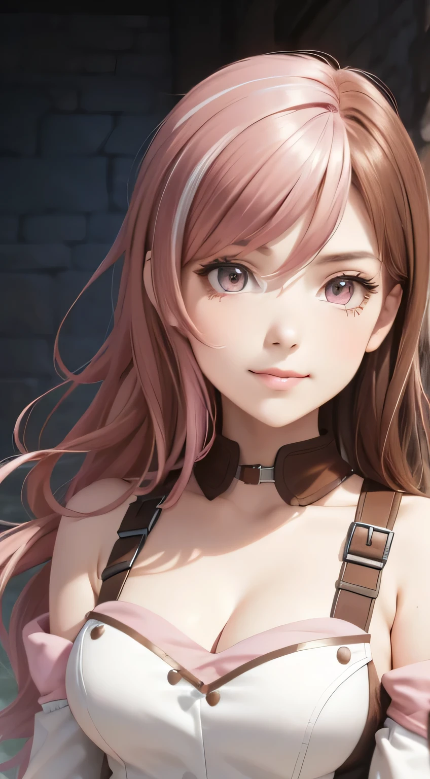 (high-quality, breathtaking),(expressive eyes, perfect face), portrait, 1girl, ((pink and brown hair color)), multicolored hair, yellow highlights, brown and white armor, wavy hair, bare shoulders, smiling, fantasy armor, Neopolitan RWBY, detached sleeves, long hair length, cleavage, downblouse, sexy, upper body, large breasts 
