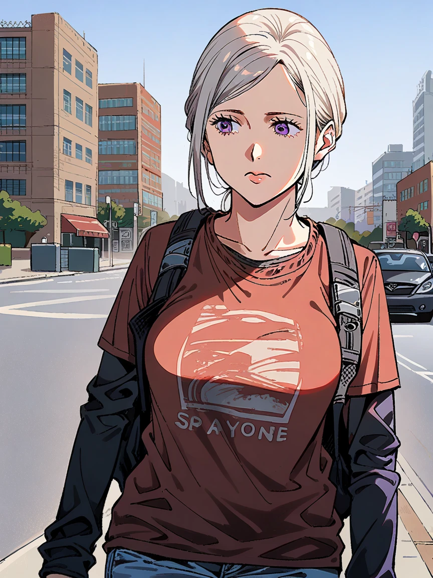 1girl, white hair, red t-shirt, black long sleeve, jeans, purple eyes, standing, city background, large breasts, Ellie Williams